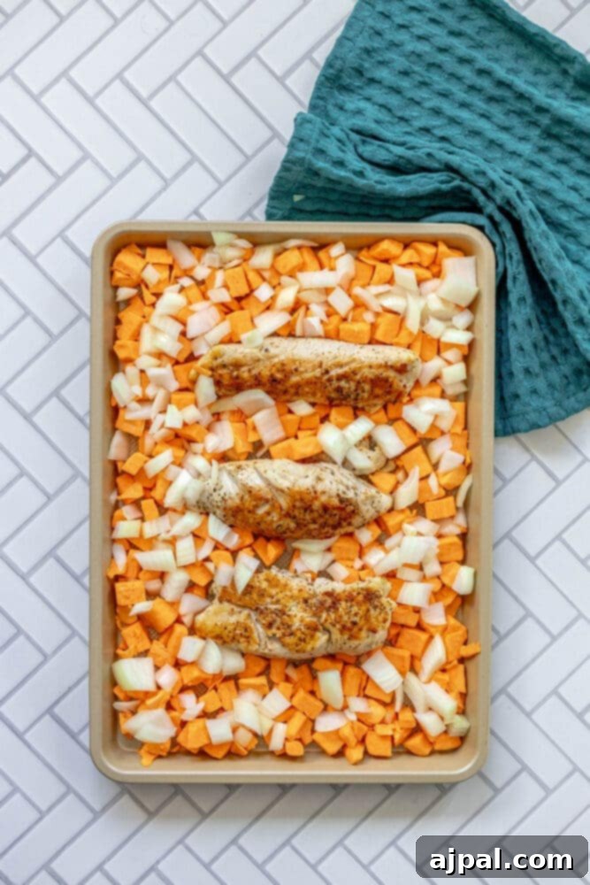 Roasted Turkey Tenderloin and Sweet Potatoes 12 picture of turkey tenderloins and sweet potatoes and onions on a baking sheet