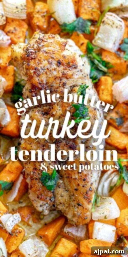Roasted Turkey Tenderloin and Sweet Potatoes 15 picture of turkey tenderloin on a sheet pan with sweet potatoes and onions