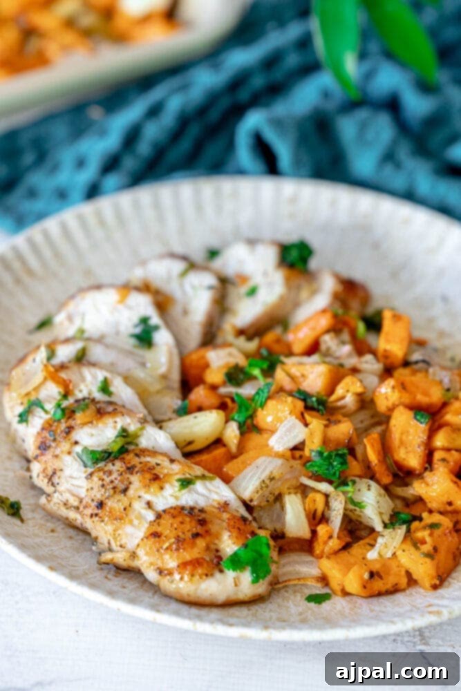 Roasted Turkey Tenderloin and Sweet Potatoes 3 A plate with garlic butter turkey tenderloin and sweet potatoes.