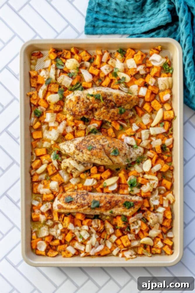 Roasted Turkey Tenderloin and Sweet Potatoes 4 picture of baked onions sweet potatoes and pork on a baking sheet