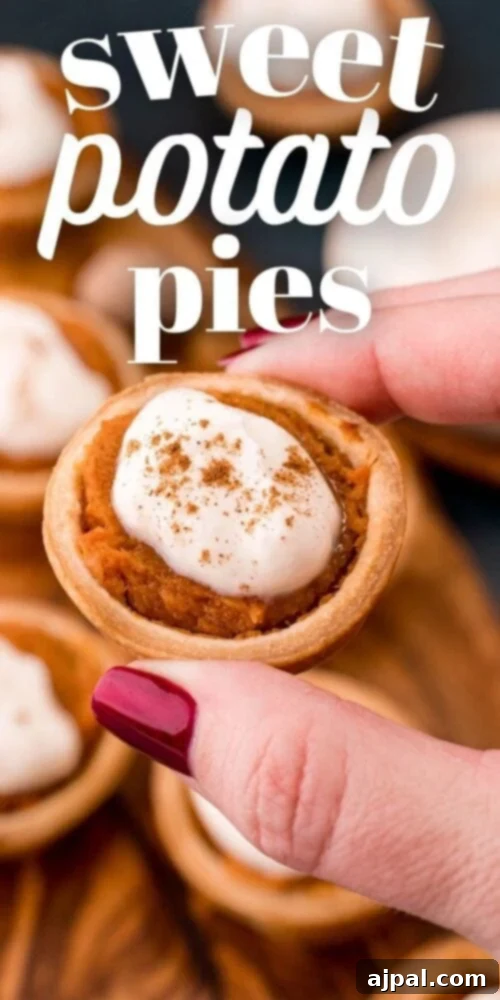 A hand gently holding a single mini sweet potato pie, showcasing its perfect size and inviting texture, ready to be enjoyed.