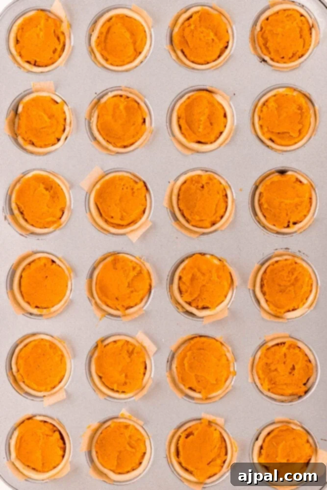 A mini muffin tin filled with unbaked sweet potato pies, each crust perfectly shaped and filled with the creamy mixture, ready for the oven.