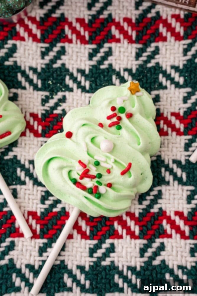 picture of meringue christmas tree cookie pop on plaid napkin