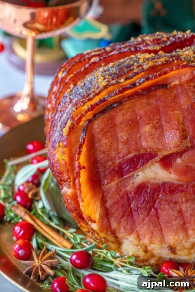 A festive holiday ham, spiral-sliced and coated in a golden honey glaze, presented beautifully on a platter with cranberries.