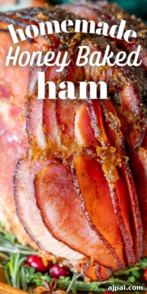 A perfectly glazed homemade honey baked ham, garnished with fresh herbs and cranberries, ready for a festive serving.