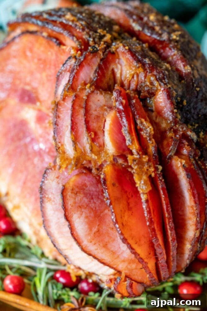 A glistening homemade honey-baked ham adorned with fresh cranberries and a side of cranberry sauce on a rustic wooden platter.