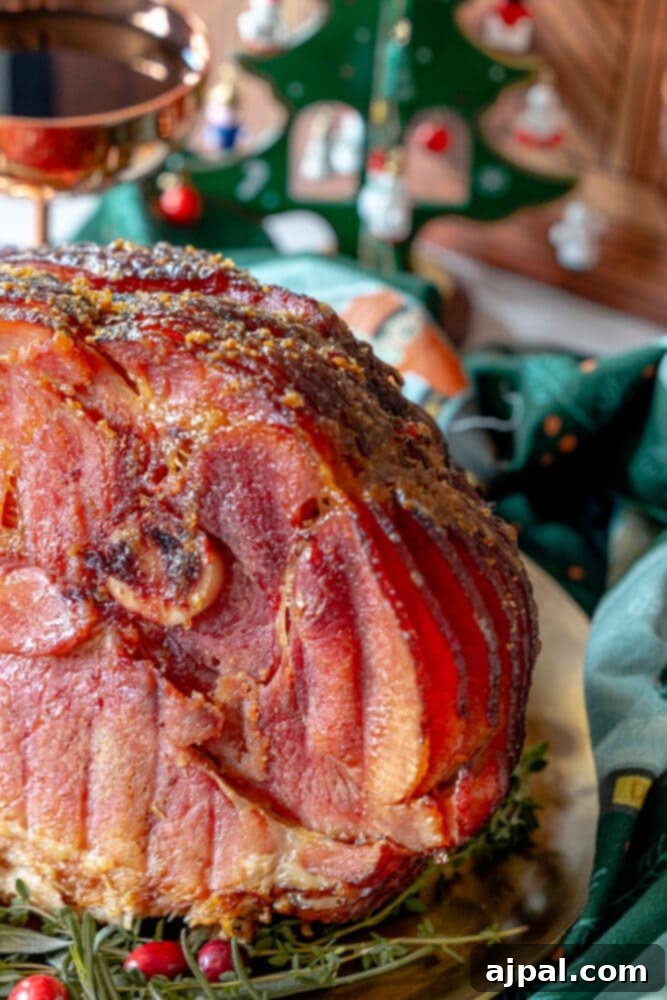 A festive holiday scene featuring a glazed honey-baked ham on a platter, accompanied by a glass of red wine, highlighting a luxurious yet homemade meal.