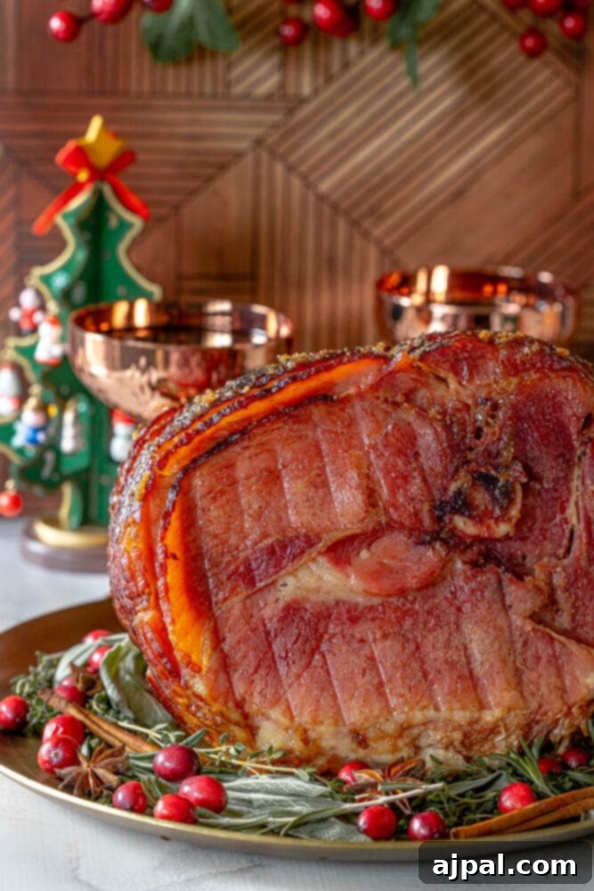 A festive homemade honey baked ham, beautifully glazed and garnished, standing proudly on a platter beside a cozy Christmas tree.