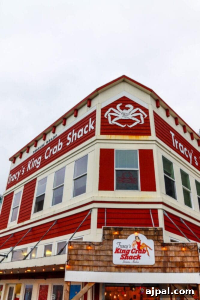 The bustling exterior of Tracy's King Crab Shack in Juneau, Alaska, a popular dining destination for cruise ship passengers and locals.