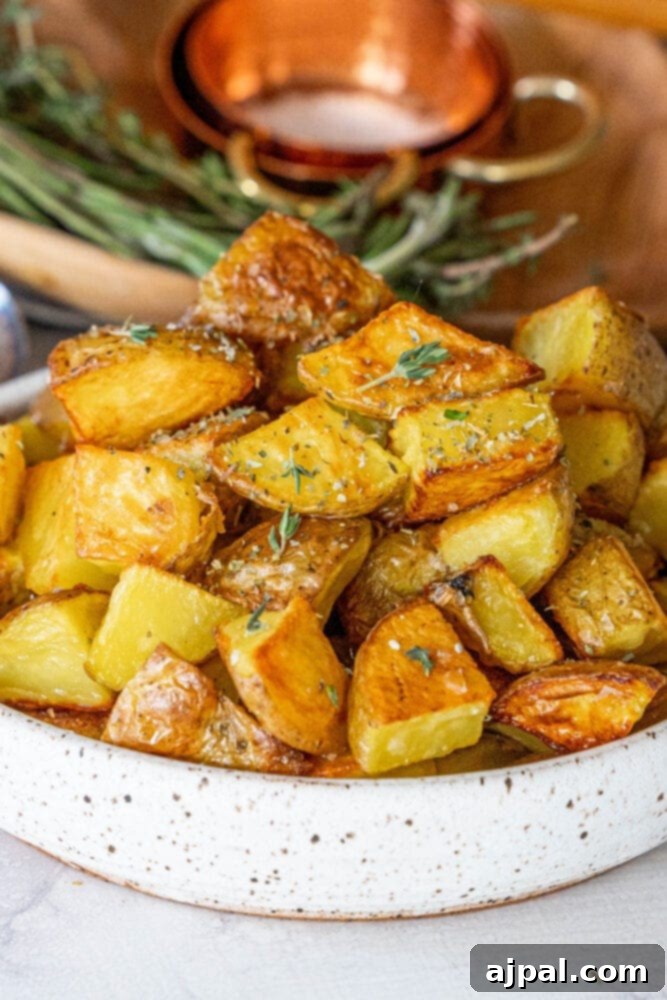 Crispy roasted potatoes with rosemary in a white bowl.