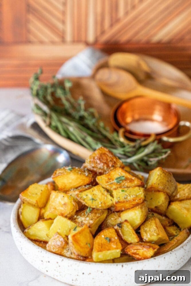 Crispy roasted potatoes with rosemary in a white bowl.
