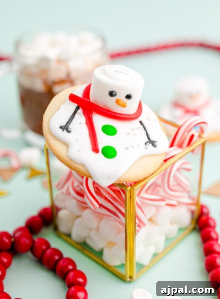 Snowman Meltdown Cookies 26 picture of a melted snowman cookie on a table, showcasing its complete and festive decoration with candy canes and marshmallows