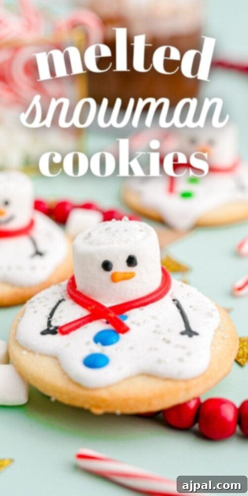 Snowman Meltdown Cookies 32 picture of a melted snowman cookie on a table, with candy canes and marshmallows – an easy and charming recipe for festive baking