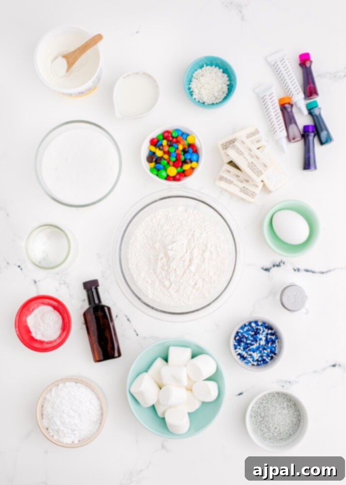 Snowman Meltdown Cookies 5 picture of cookie ingredients and sprinkles on a table, including flour, sugar, and baking powder