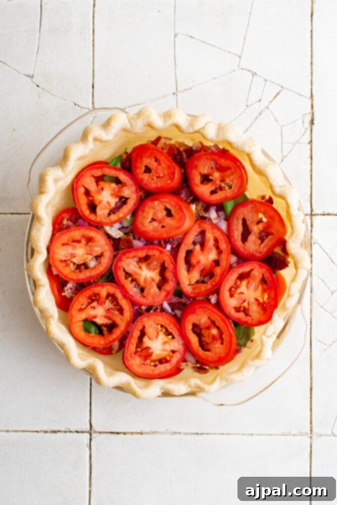 Simple Savory Tomato Pie 13 A close-up view of the layered ingredients, including tomatoes, basil, and onions, inside the pie crust.