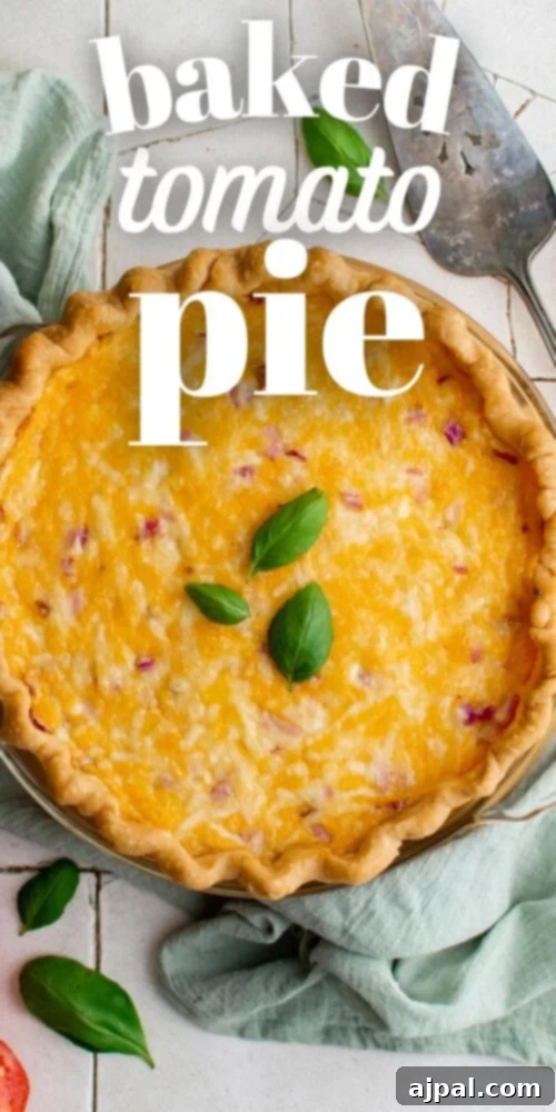 Simple Savory Tomato Pie 21 A whole baked tomato pie, perfectly golden and inviting, set on a white table.