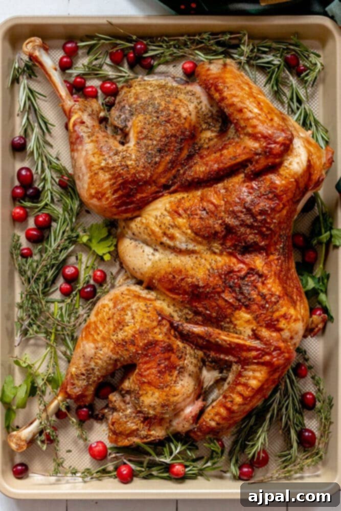 picture of a spatchcocked baked turkey on a baking sheet