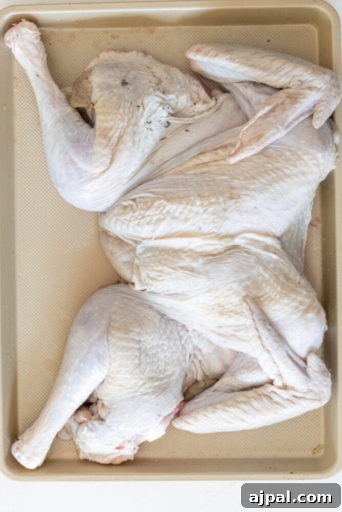 picture of butterflied turkey on baking sheet