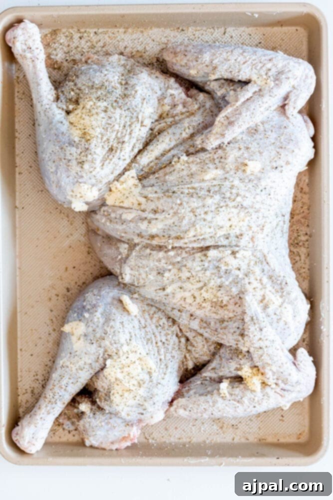 picture of buttered and seasoned butterflied turkey on baking sheet