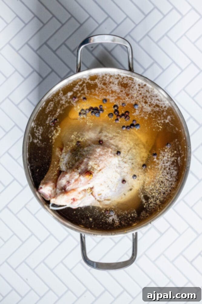 picture of a turkey in brine in a stock pot 