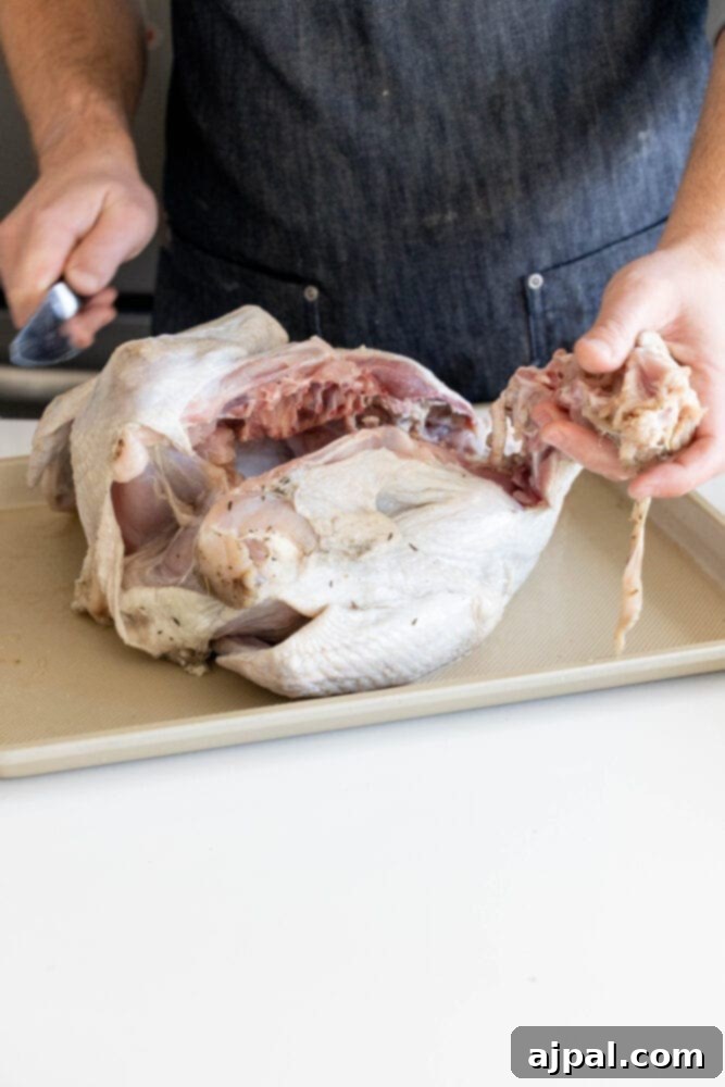 picture of cutting neck out of raw turkey