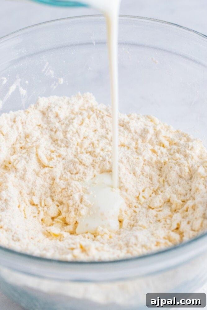 Buttermilk being slowly poured into a bowl containing the dry ingredients for the biscuit dough.