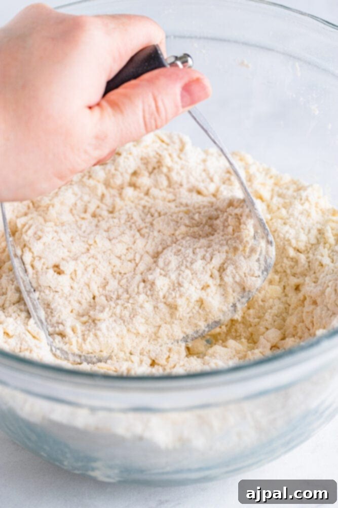 A hand gently cutting cold butter into the flour mixture with a pastry cutter or fork, creating a coarse, sandy texture.