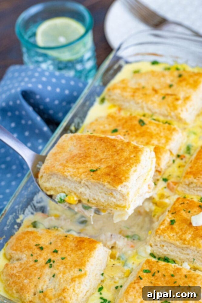 A golden-brown turkey pot pie casserole, fresh from the oven, in a ceramic baking dish.