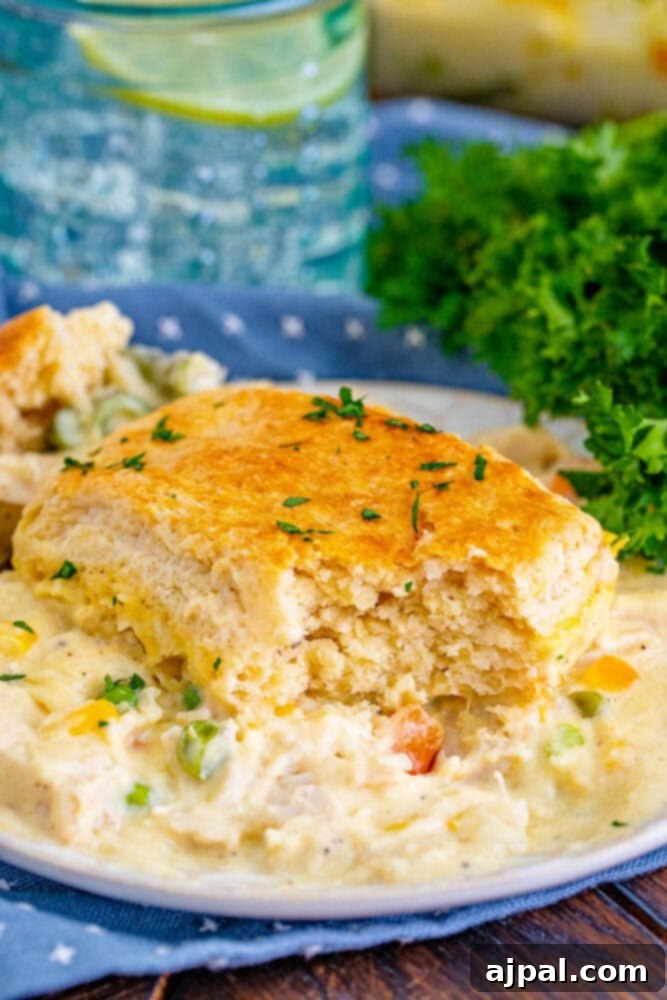 A close-up of a partially scooped turkey pot pie casserole, showing the rich filling beneath the golden crust.