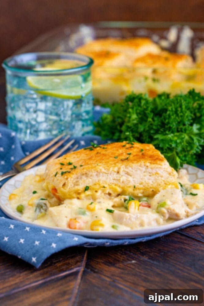 A close-up of a serving of turkey pot pie on a white plate, ready to be enjoyed.