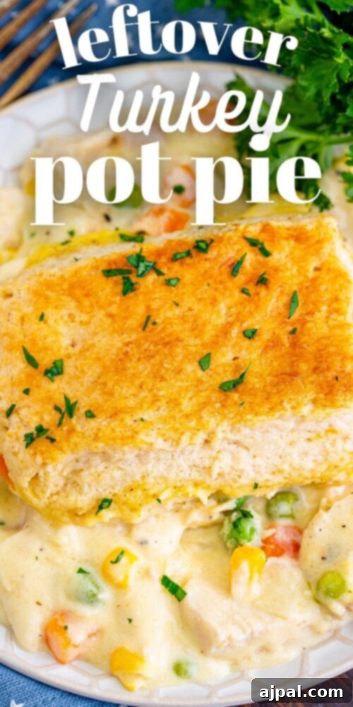 A warm, golden-brown leftover turkey pot pie casserole on a white plate, ready to be served.