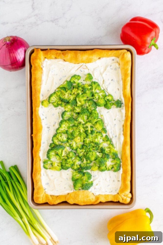 The base of the Christmas tree pizza is filled with green broccoli florets on the cream cheese spread, starting the festive design.