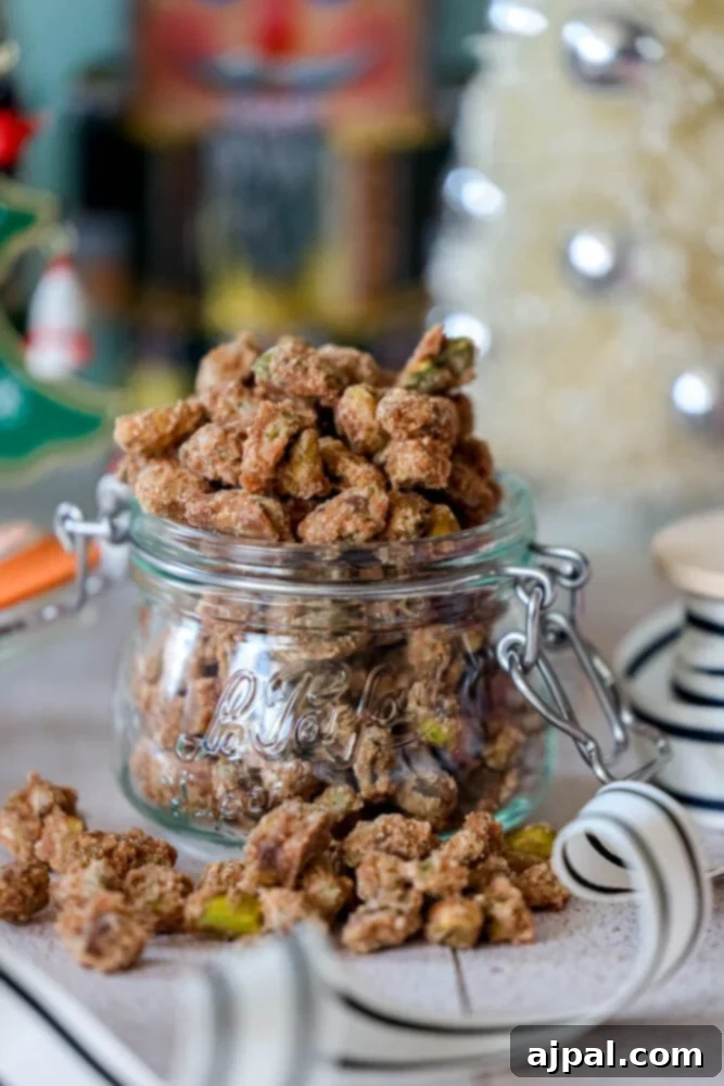 picture of candied pistachios in a glass jar