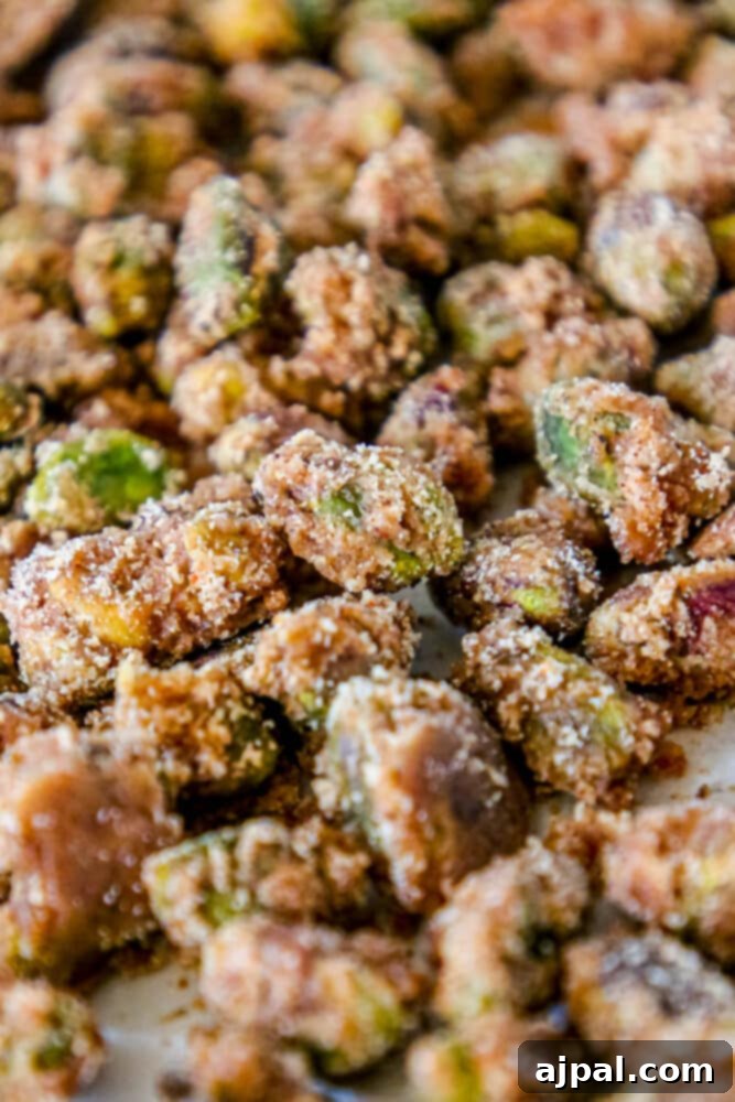 Freshly candied pistachios spread evenly on a parchment-lined baking sheet, glistening with their sweet, spiced coating, ready to cool and harden.