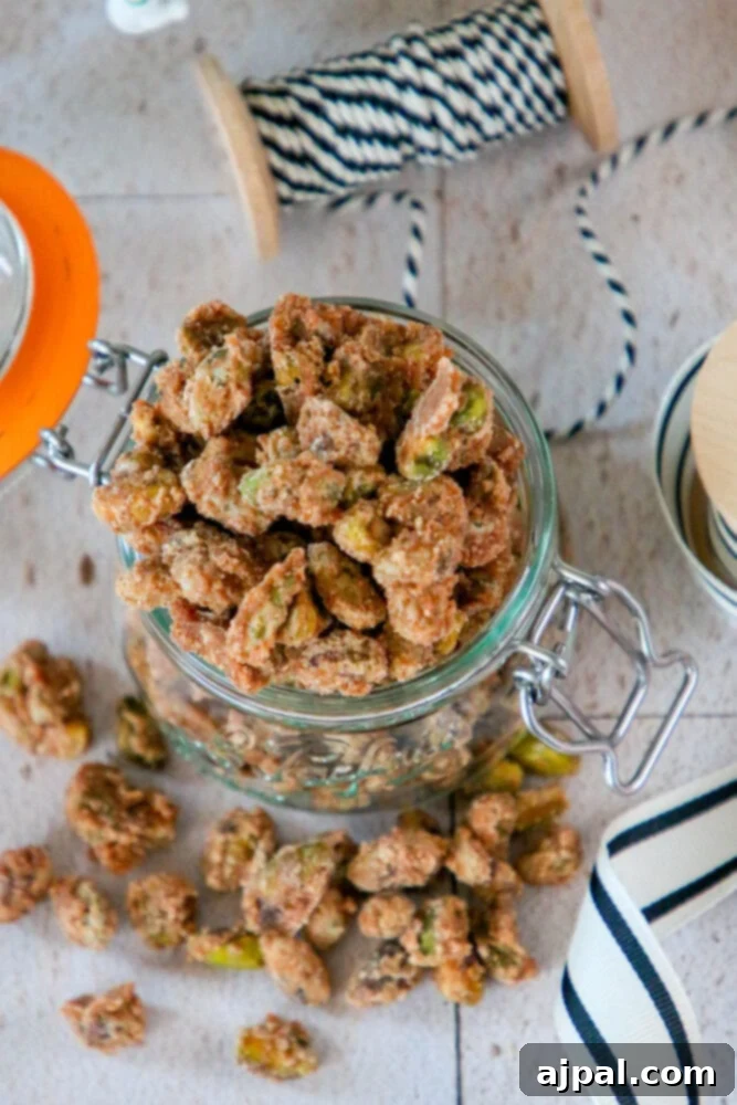 picture of candied pistachios in a glass jar