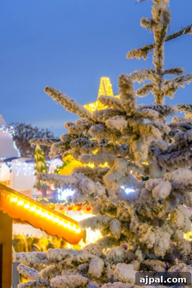 A charming Christmas market scene in Paris, with festive lights illuminating quaint stalls and visitors, evoking the holiday spirit.