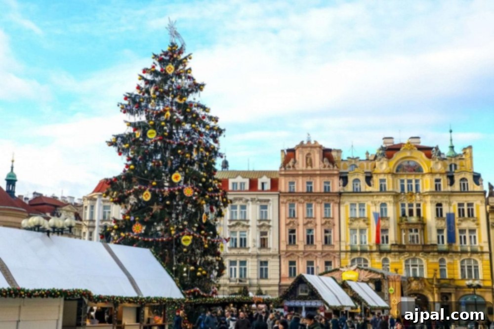 A vibrant aerial view of a Prague Christmas market, bustling with people, colorful stalls, and historic architecture under a festive sky.