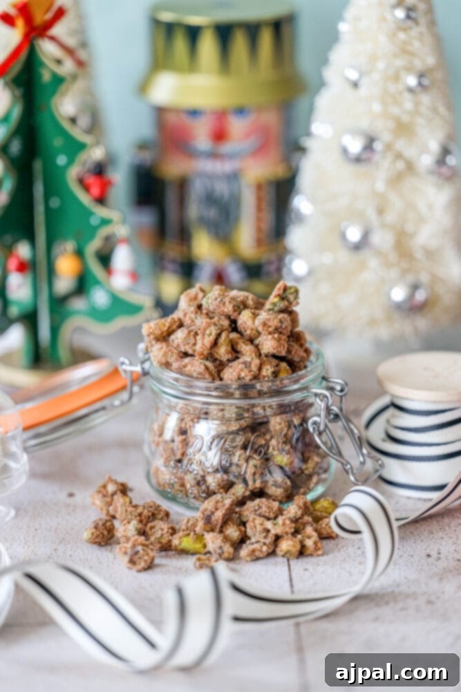 A close-up shot of homemade candied pistachios in a decorative glass jar, ready for gifting or enjoying as a sweet and salty snack.