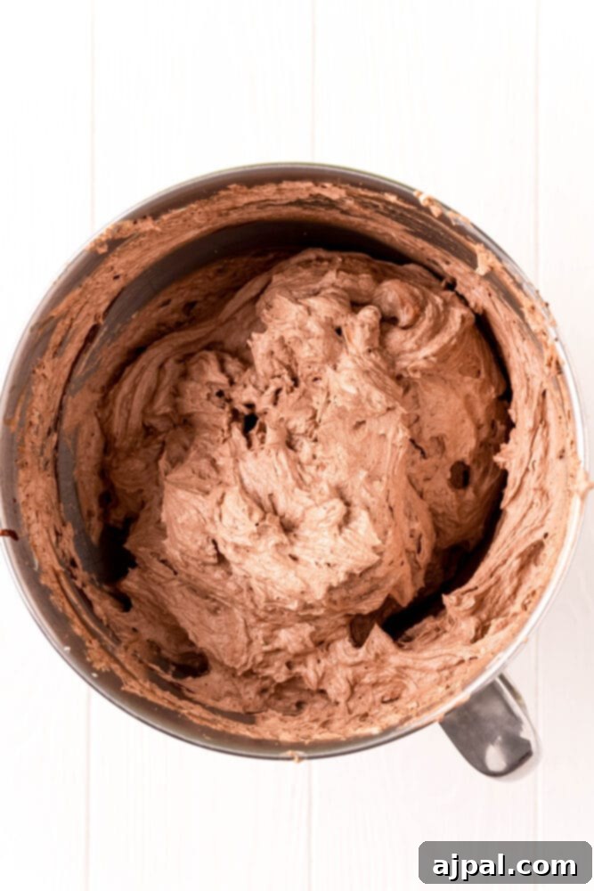 Whipped chocolate pudding frosting in a bowl, light and airy