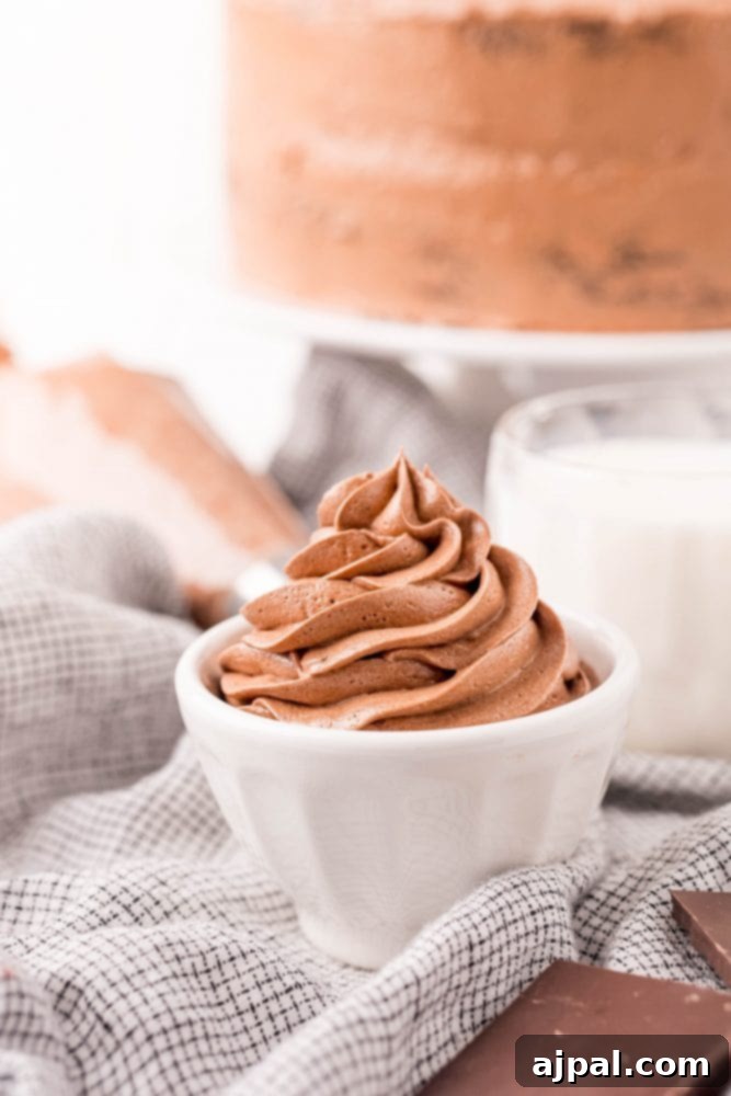 Smooth, easy chocolate pudding frosting in a serving bowl