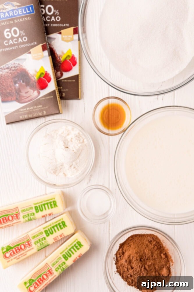 Various ingredients for chocolate pudding frosting laid out on a table
