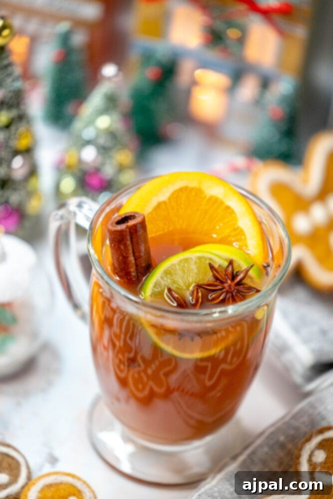 Aromatic Citrus Elixir 2 A glass mug of mulled citrus cider, garnished with a slice of orange, a slice of lime, a cinnamon stick, and a star anise pod floating on top. The drink appears warm and inviting.