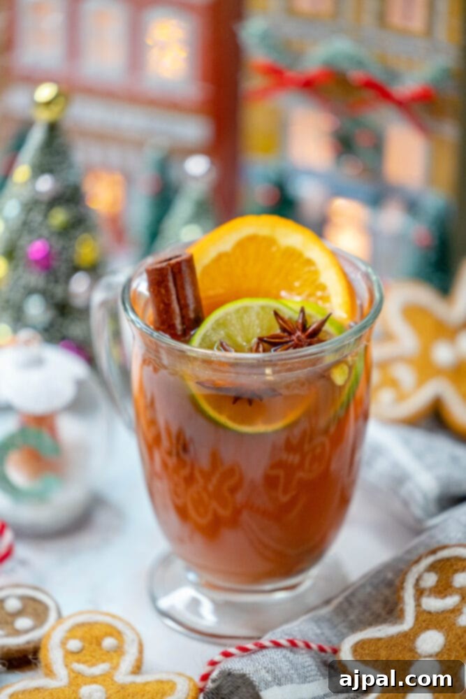 Aromatic Citrus Elixir 7 A glass mug filled with mulled citrus cider, featuring orange and lime slices, a cinnamon stick, and star anise. Gingerbread cookies are arranged around the base of the mug.