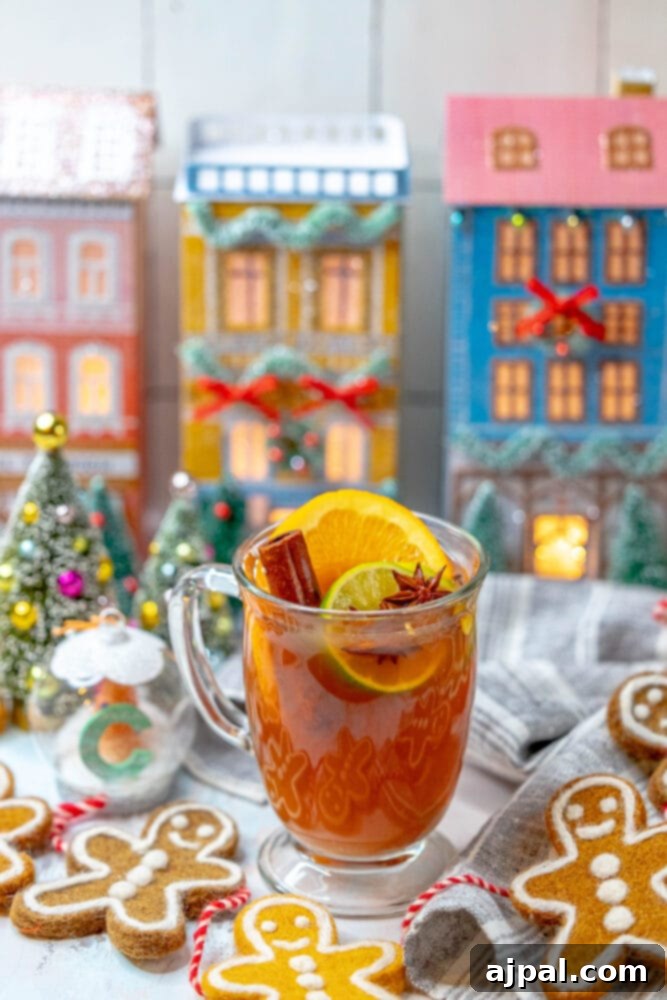 picture of mulled citrus cider in a glass mug with a slice of orange, a slice of lime, a cinnamon stick, a star of anise, and a cardamom pod floating in it