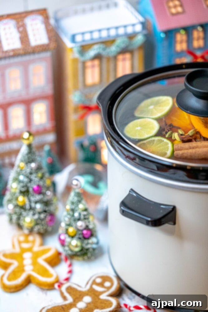 Aromatic Citrus Elixir 4 A slow cooker filled with mulled citrus cider, surrounded by festive gingerbread cookies and a cozy mug. The setup exudes warmth and holiday cheer.
