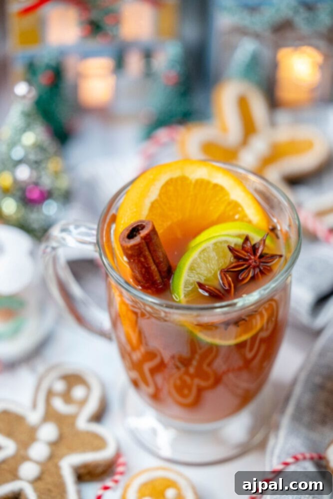 Aromatic Citrus Elixir 5 A close-up of a glass mug filled with mulled citrus cider, showcasing the beautiful floating garnishes of orange and lime slices, cinnamon stick, and star anise.