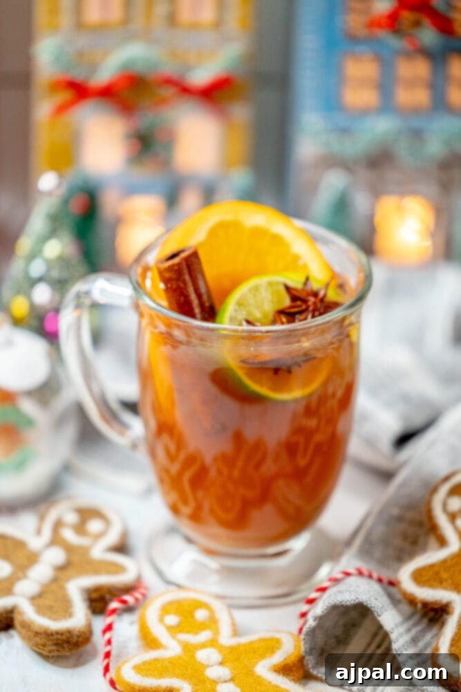 Aromatic Citrus Elixir 6 A collection of glass mugs filled with mulled citrus cider, accompanied by gingerbread cookies, creating a festive holiday spread.