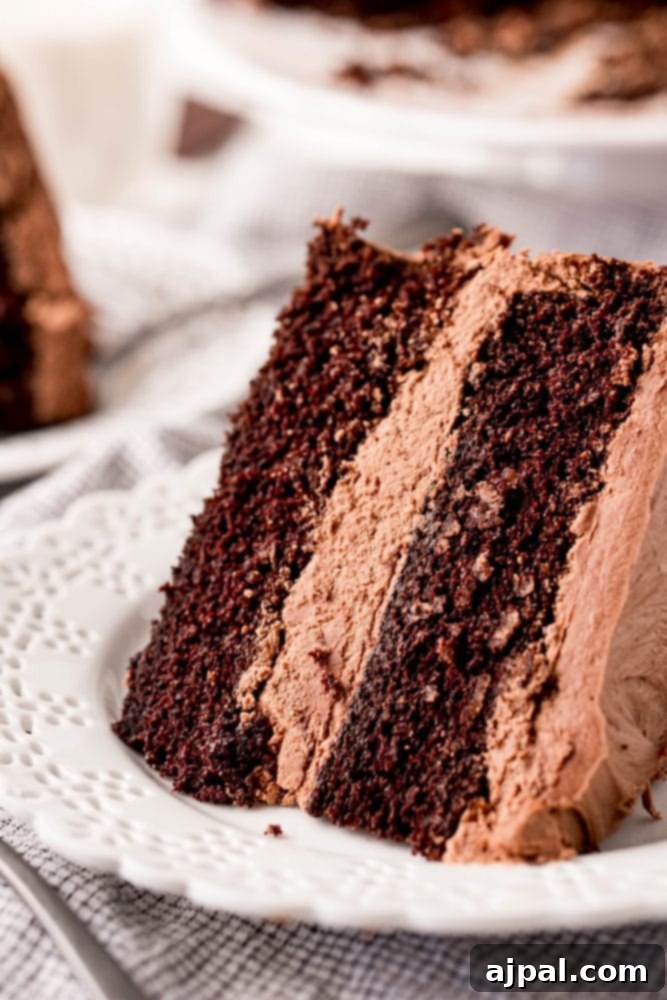 Decadent Chocolate Perfection 2 A beautifully layered chocolate cake with frosting, ready to be served on a white plate.