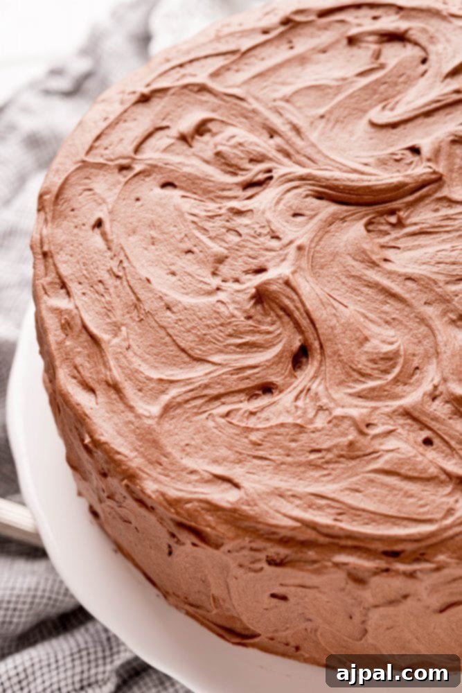 Decadent Chocolate Perfection 6 A slice of perfect chocolate cake with frosting on a white dessert plate.