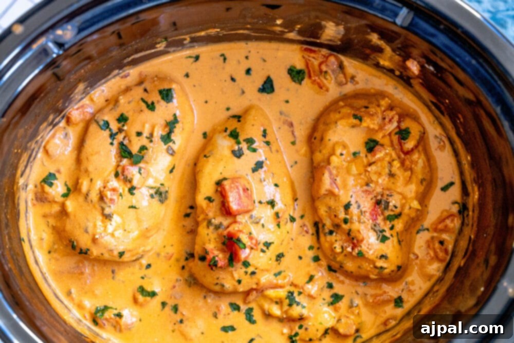 Tender chicken breasts simmered in a rich, creamy tomato basil sauce in a slow cooker.